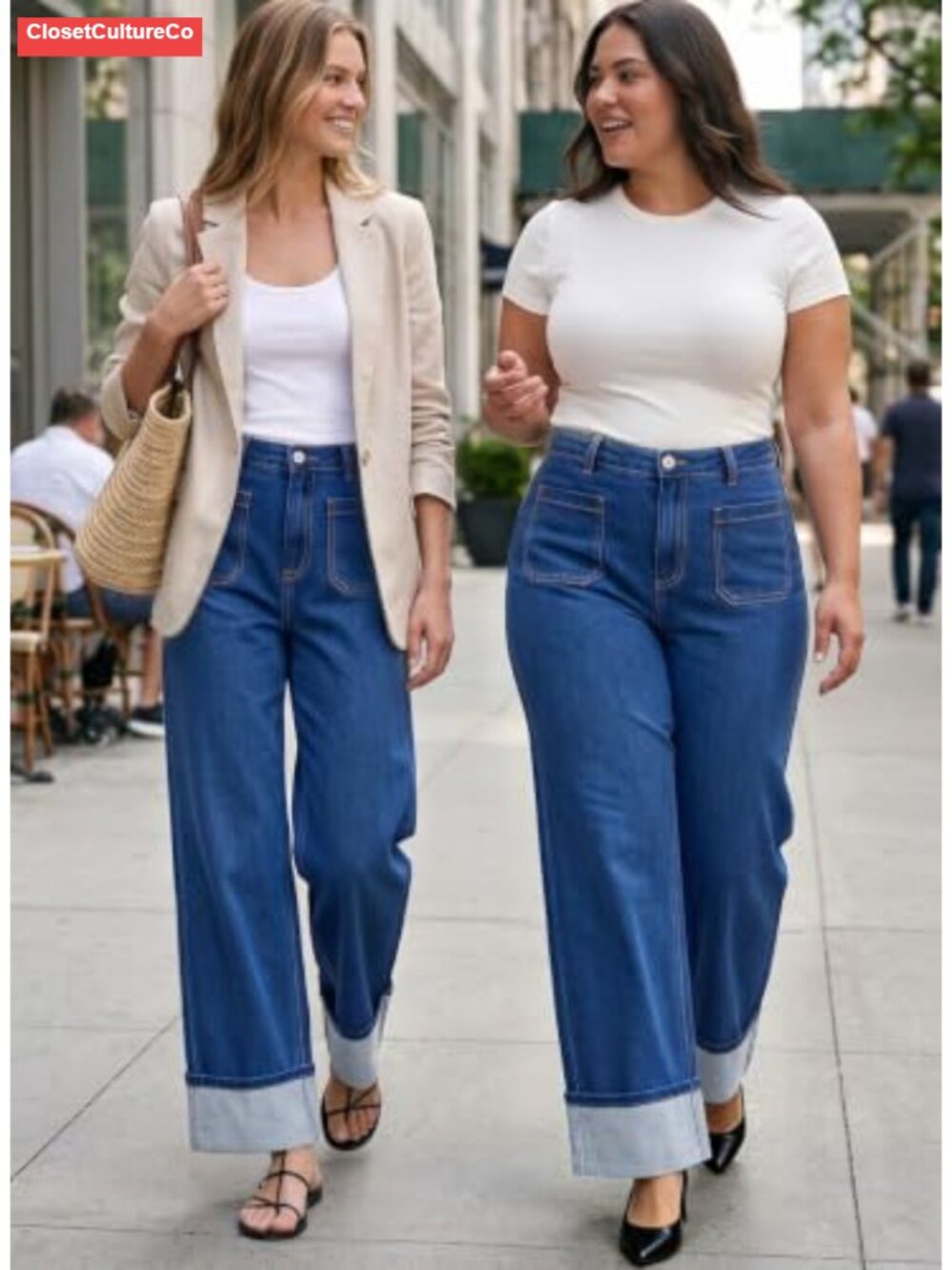 High Waisted Wide Leg Jeans Stretch Denim Cuffed Hem Casual - Picture 2 of 6